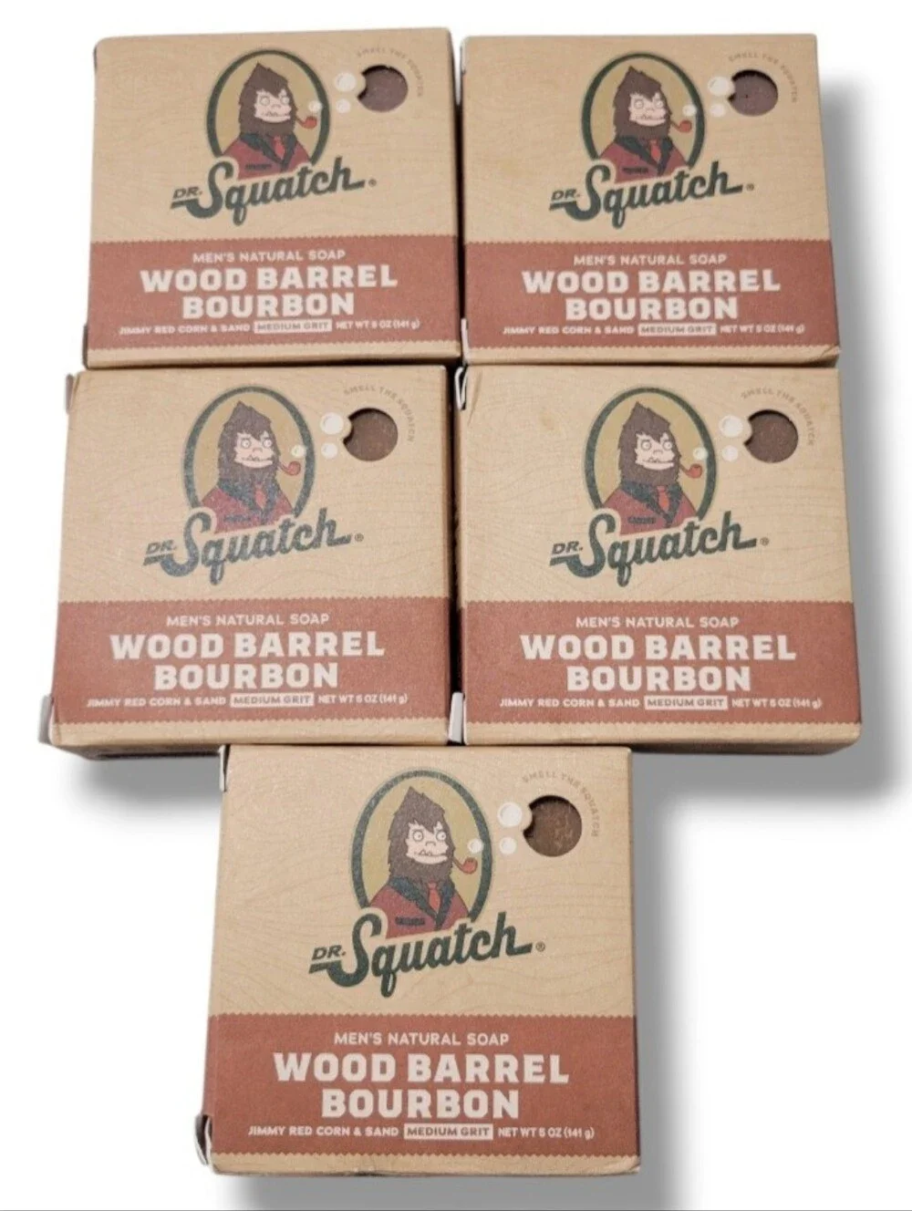 Lot Of 5 ​NEW Dr. Squatch Wood Barrel Bourbon Natural Soap Bar 5 oz Medium Grit